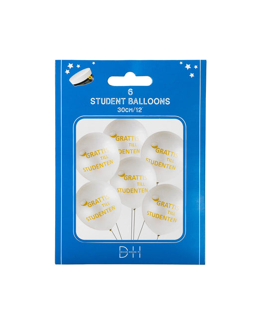 Ballonger 30cm, 6st med tryck "Grattis till studenten" DesignHouse95 - Ballonggrossist - Designhouse95 - Grossist Ballonger - Snabba Leveranser - Engångsartiklar, Student, Jul, Nyår, Fest, Kalas