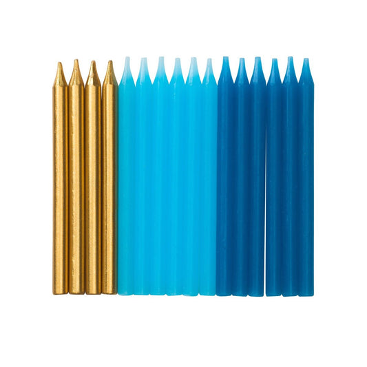 Cake candle 0,5 x 7,5cm, 16pcs Blue/gold - Engångsartiklar, Student, Jul, Nyår, Fest, Kalas