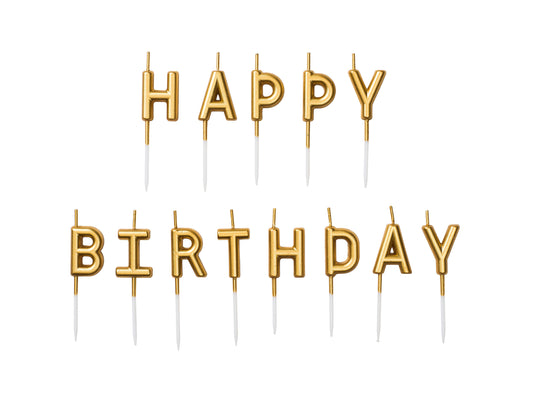 "Happy Birthday" letter candles, 2,7x2cm, gold - Engångsartiklar, Student, Jul, Nyår, Fest, Kalas
