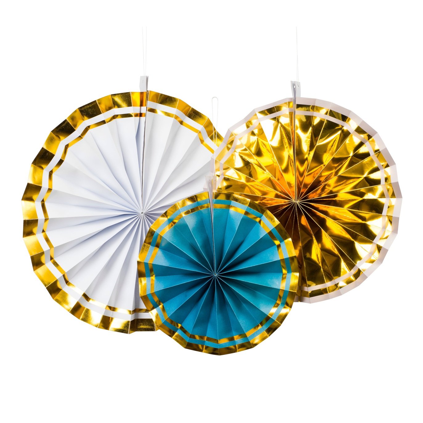 3pcs fans per set
1x 30.4cm (Gold hotfoil on 1 side)
1x 25.4cm (Gold hotfoil on 1 side)
1x 20.3cm (1C print+Gold hotfoil on 1 side)
3pcs white clips,and each fan with a cotton rope - Engångsartiklar, Student, Jul, Nyår, Fest, Kalas