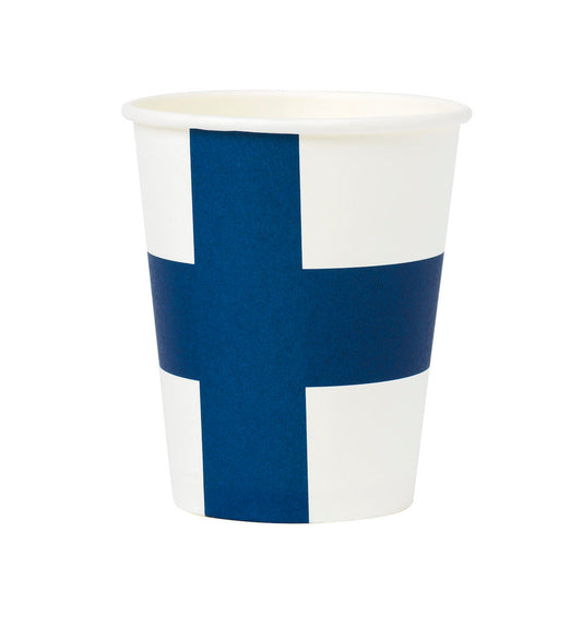Pappersmuggar 250ml, 8st, Finska flaggan Muggar - Grossist - Designhouse95 - Engångsartiklar, Student, Jul, Nyår, Fest, Kalas