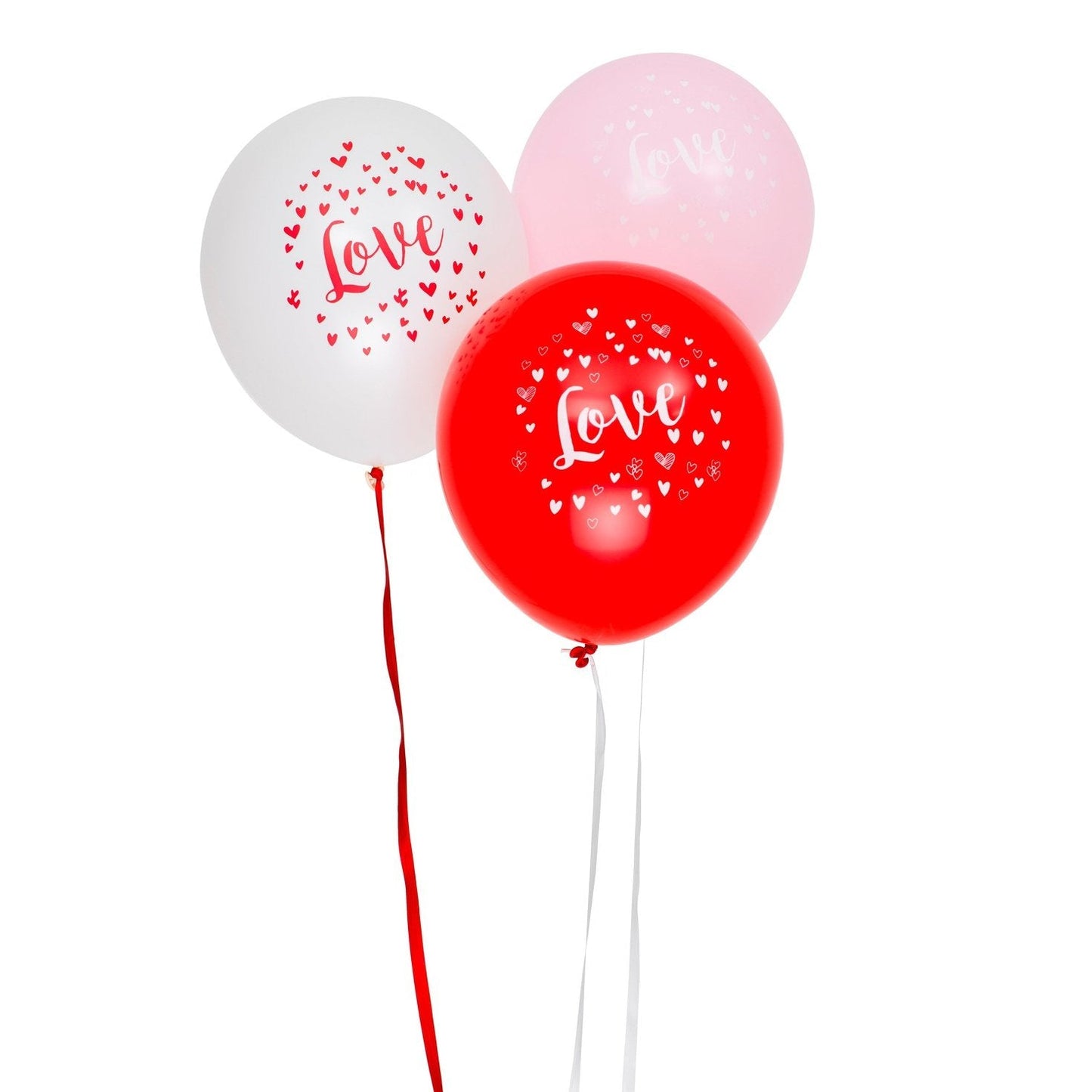 Ballonger 30cm med text "Love", 6st, röda, rosa och vita. DesignHouse95 - Ballonggrossist - Designhouse95 - Grossist Ballonger - Snabba Leveranser - Engångsartiklar, Student, Jul, Nyår, Fest, Kalas